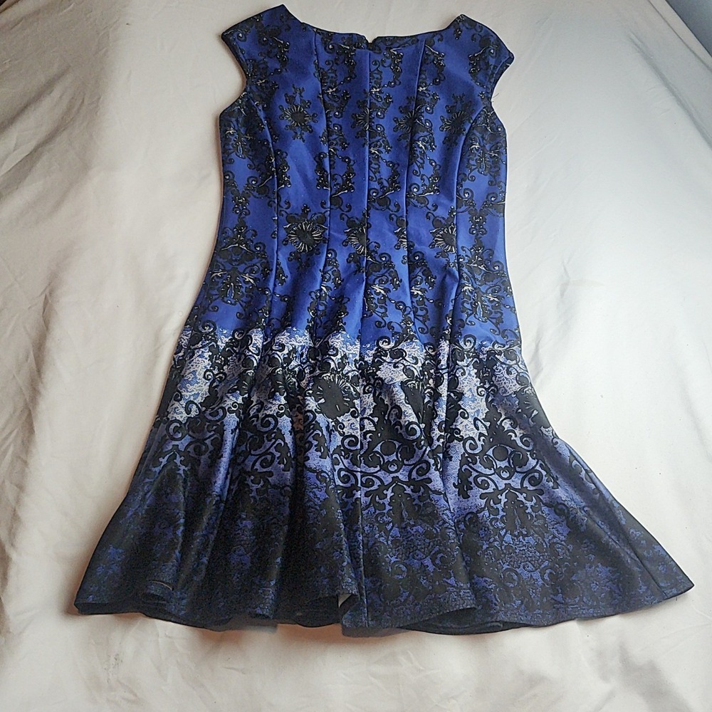 Danny and Nicole Fit Flare Dress Damask Print Blue Women's Size 10P